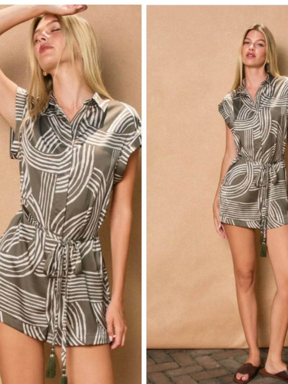 Dress Forum Motion Button Olive & White Printed Short Sleeve Romper